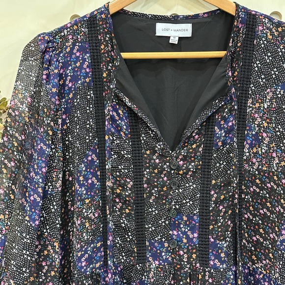 LOST + WANDER Sweet Surrender Dress SZ M Floral Long Sleeve Purple Black - Picture 5 of 13